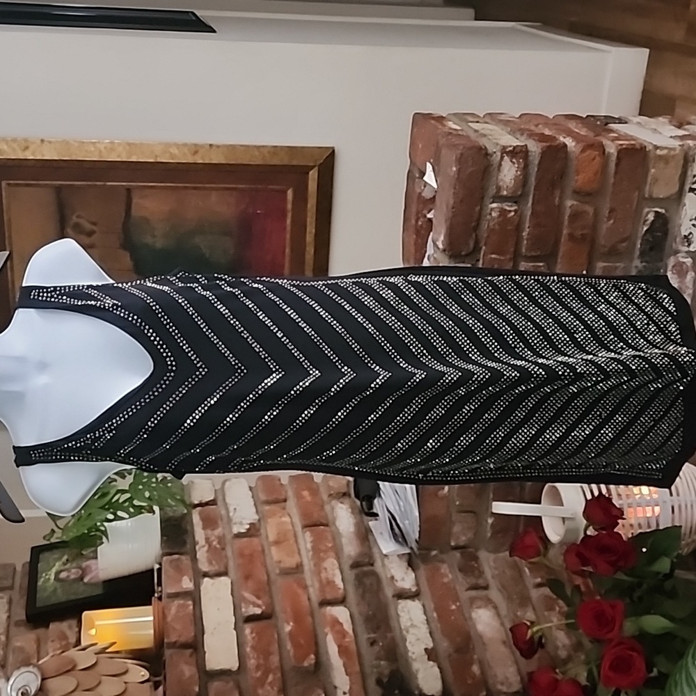 Carmen Marc Valvo Black Midi Dress with Silver Studded Accents - Picture 2 of 11